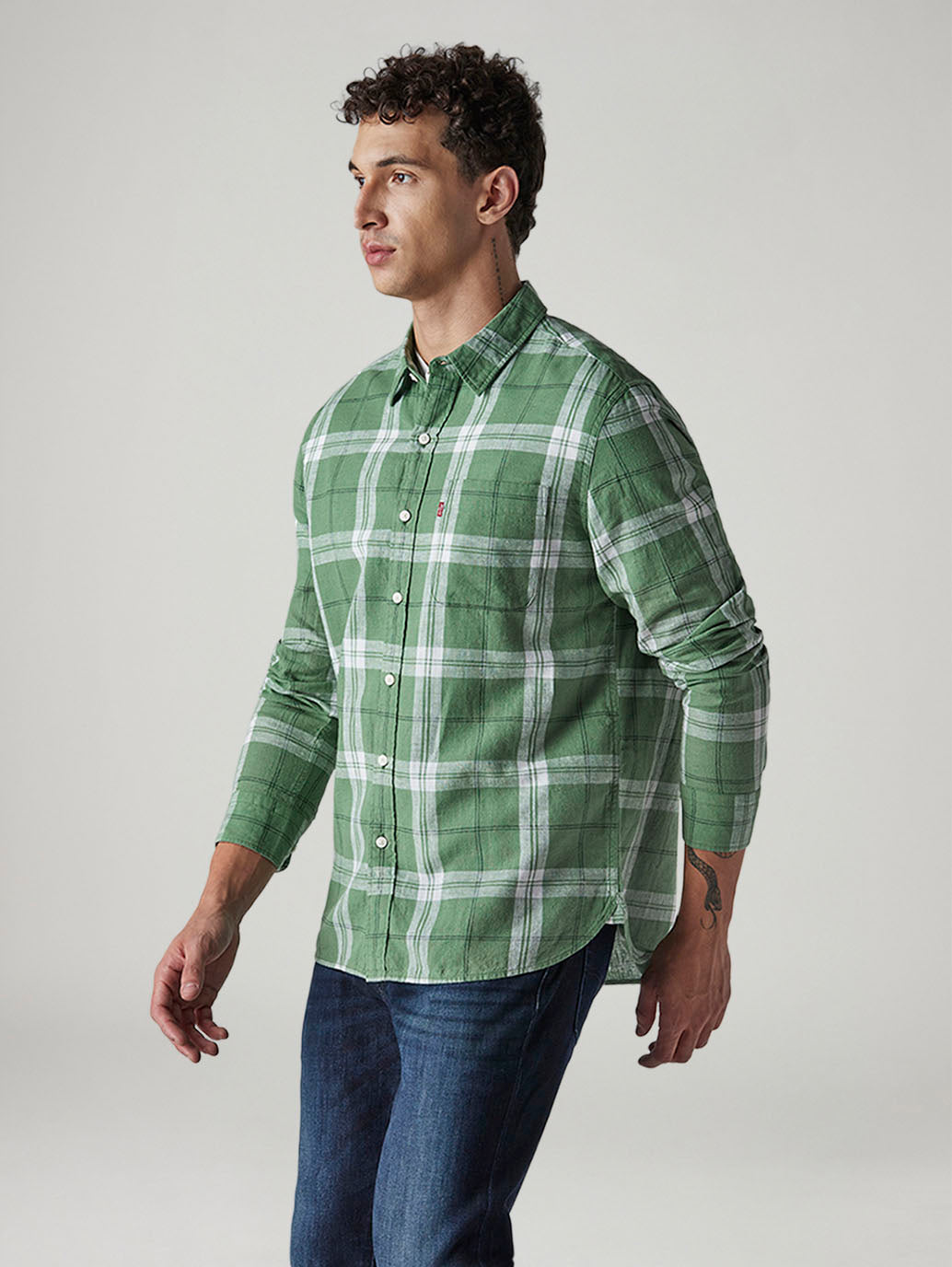 Men's Checkered Slim Fit Linen Shirt - Side View