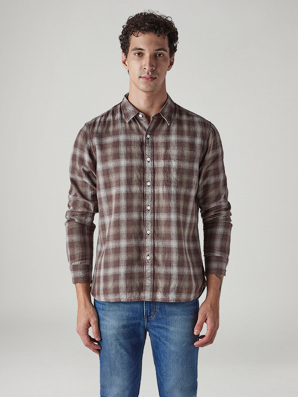 Men's Checkered Slim Fit Linen Shirt - Front View