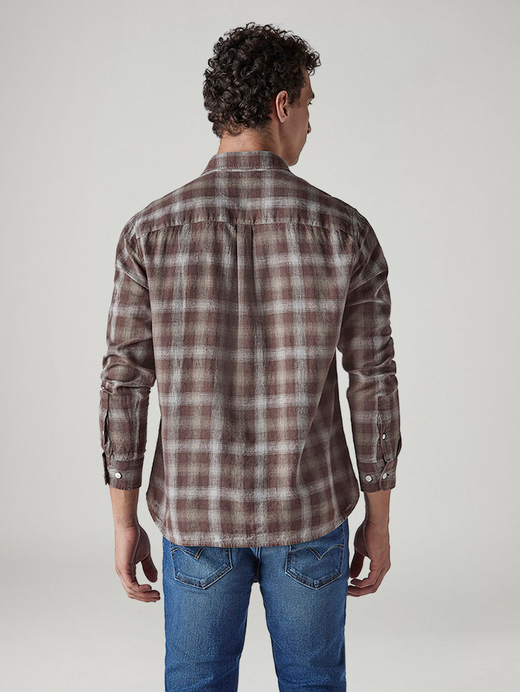 Men's Checkered Slim Fit Linen Shirt - Back View