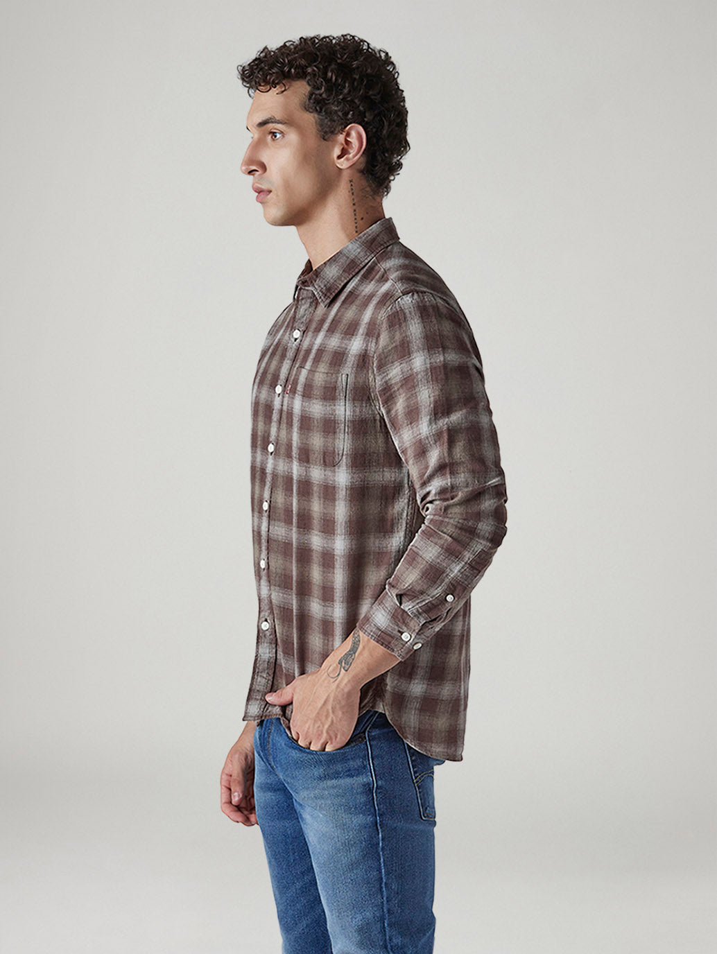 Men's Checkered Slim Fit Linen Shirt - Side View