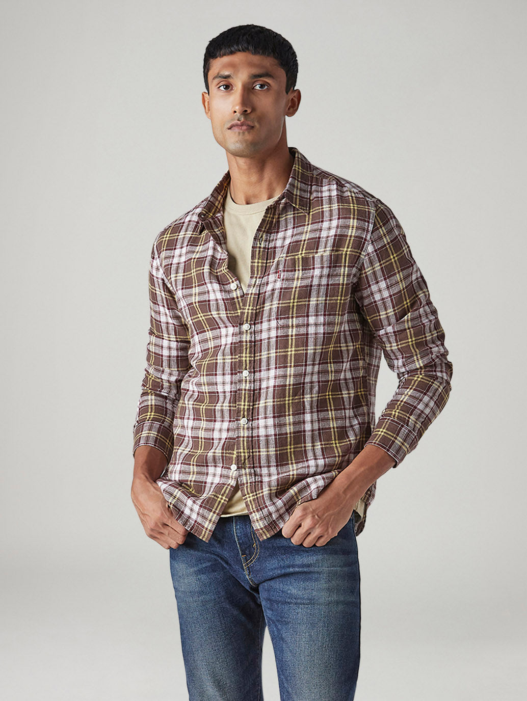 Men's Checkered Slim Fit Linen Shirt