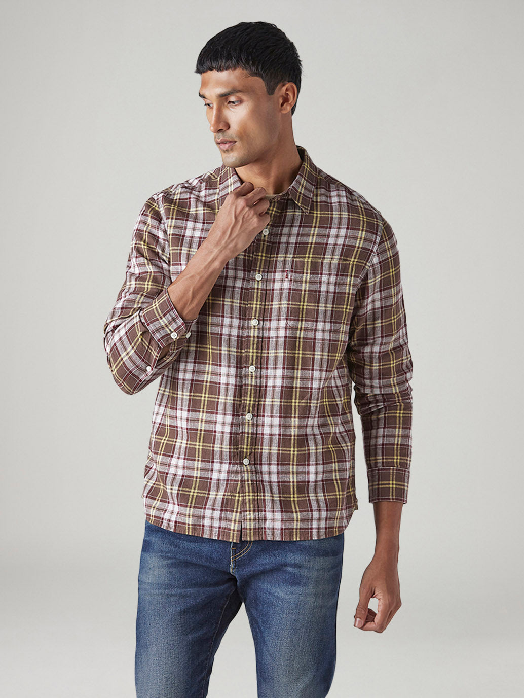 Men's Checkered Slim Fit Linen Shirt - Front View