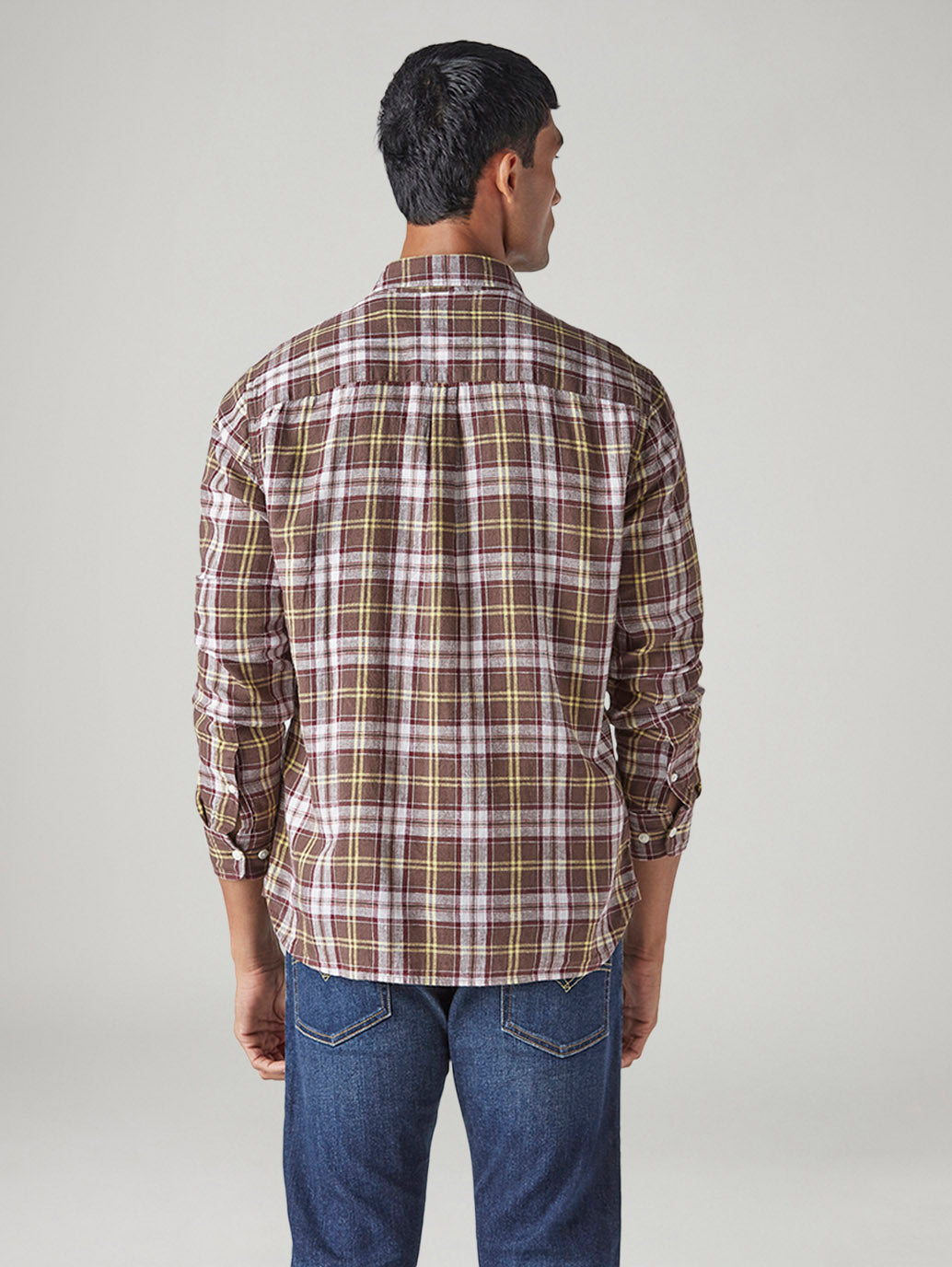 Men's Checkered Slim Fit Linen Shirt - Back View