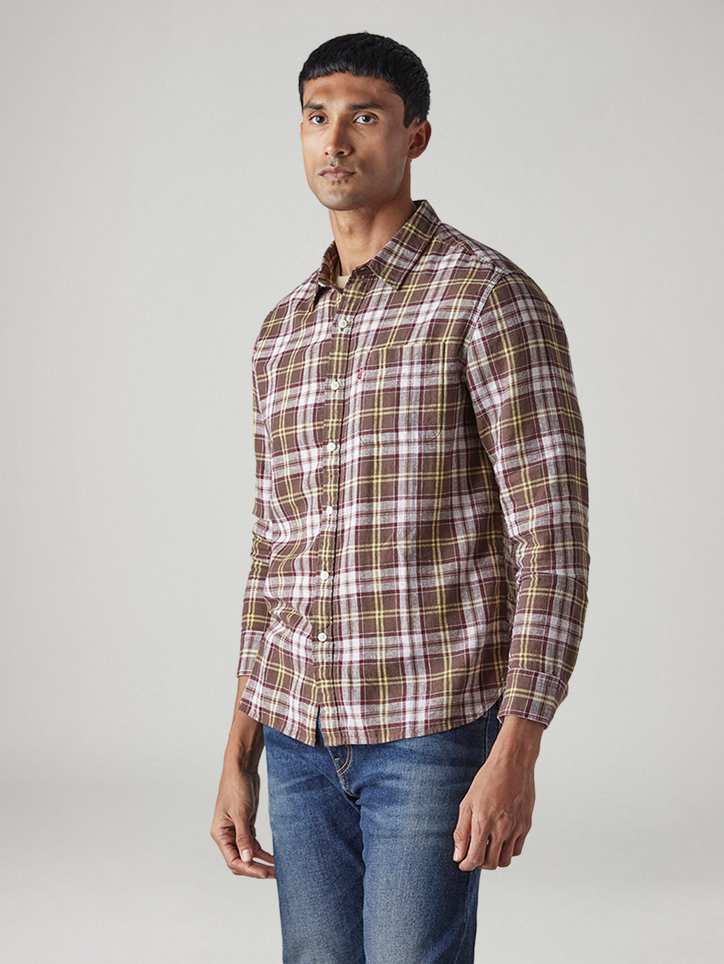 Men's Checkered Slim Fit Linen Shirt - Side View