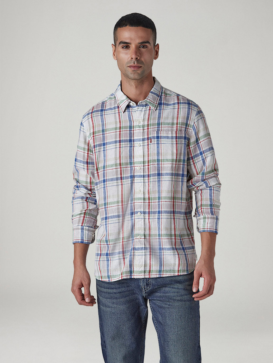 Men's Checkered Slim Fit Linen Shirt - Front View