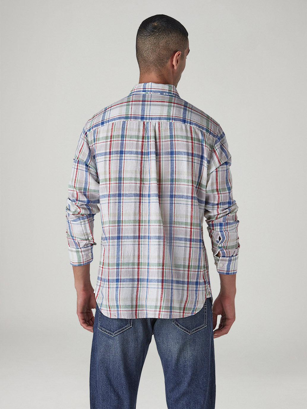 Men's Checkered Slim Fit Linen Shirt - Back View