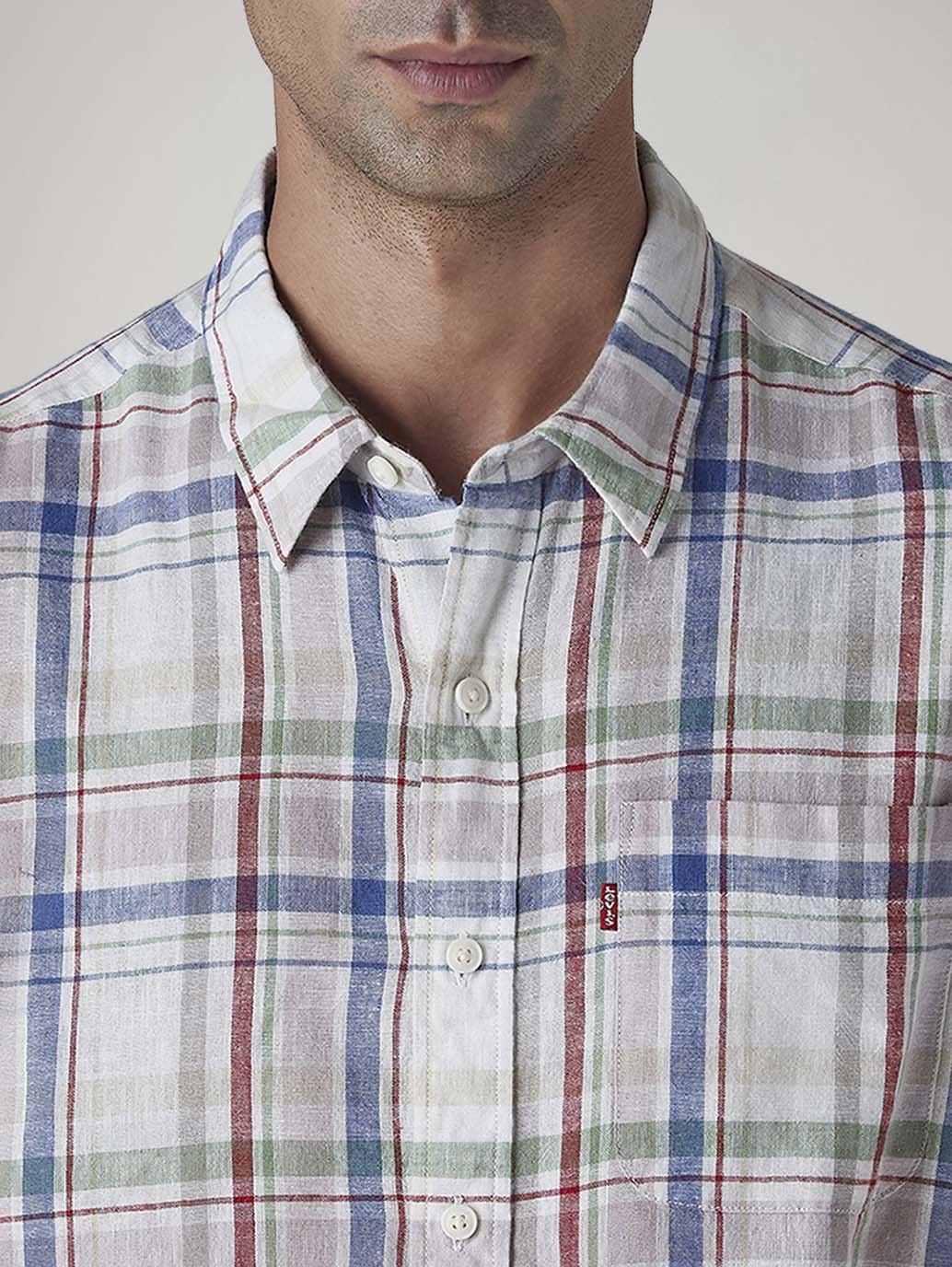 Men's Checkered Slim Fit Linen Shirt - Detail View