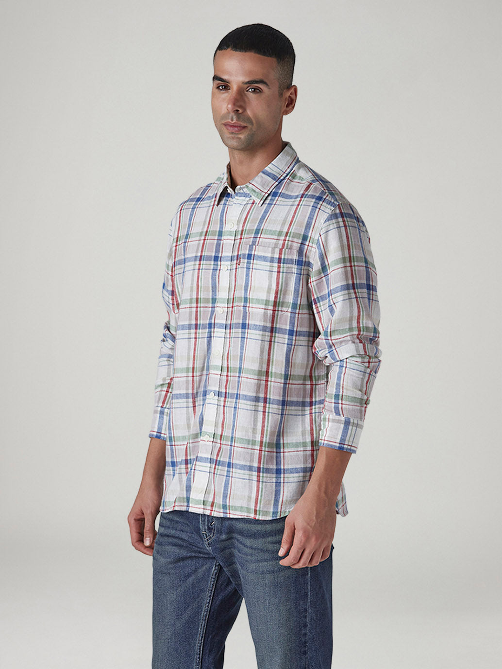 Men's Checkered Slim Fit Linen Shirt - Side View