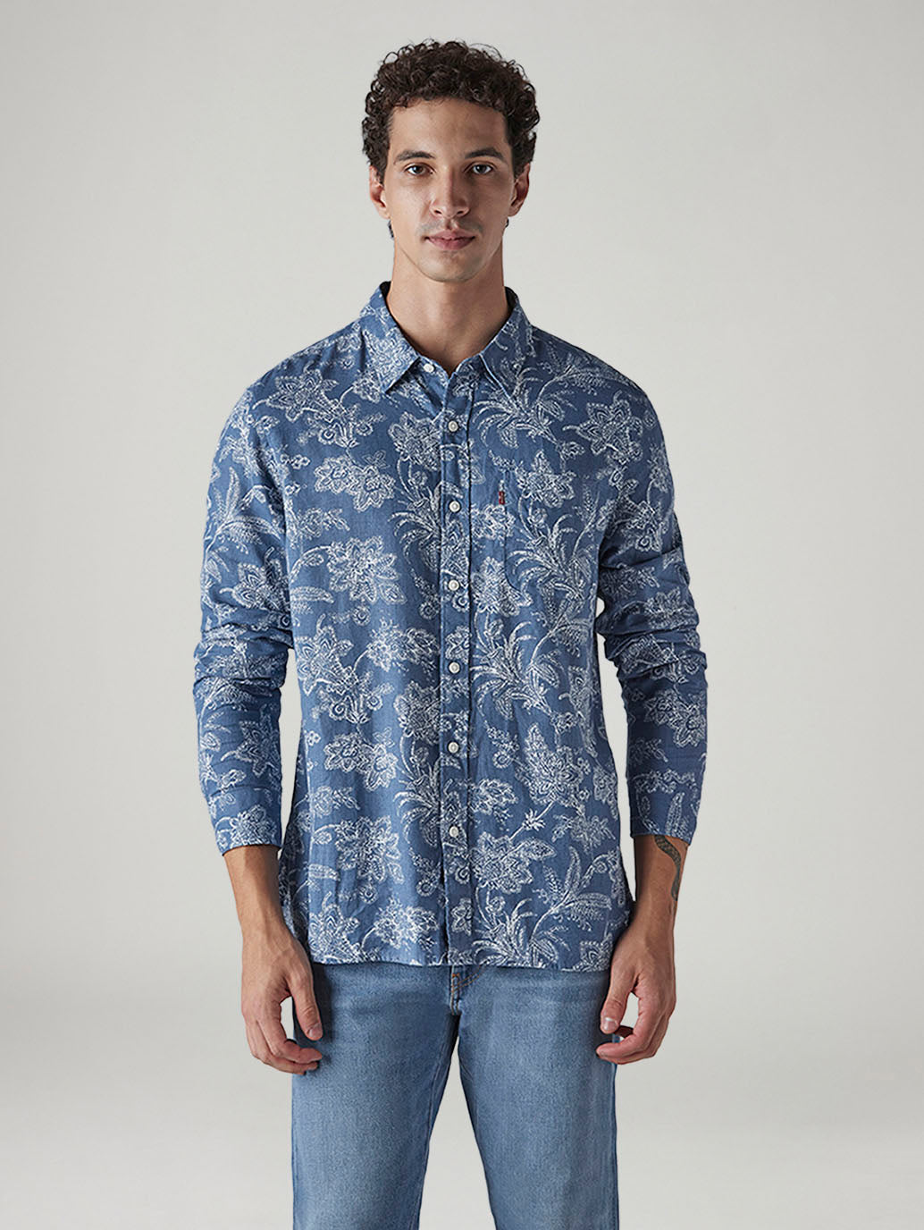 Men's Floral Slim Fit Linen Shirt - Front View