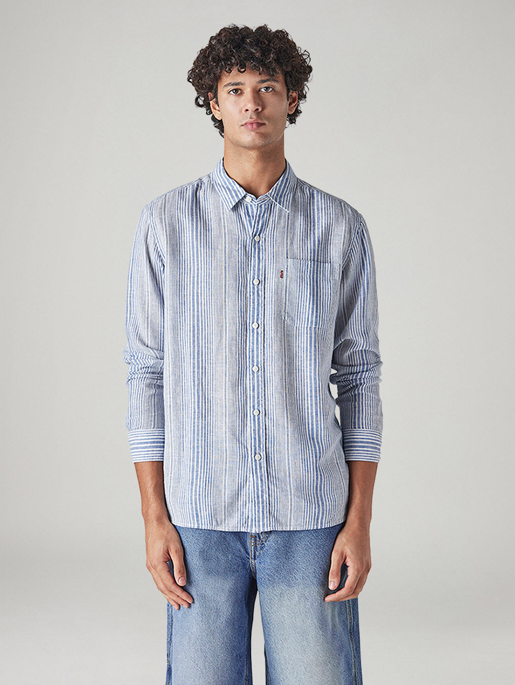 Men's Striped Slim Fit Linen Shirt - Front View