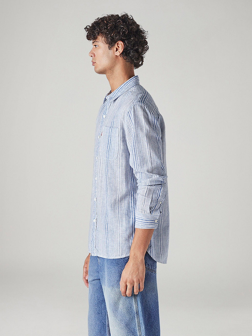 Men's Striped Slim Fit Linen Shirt - Side View