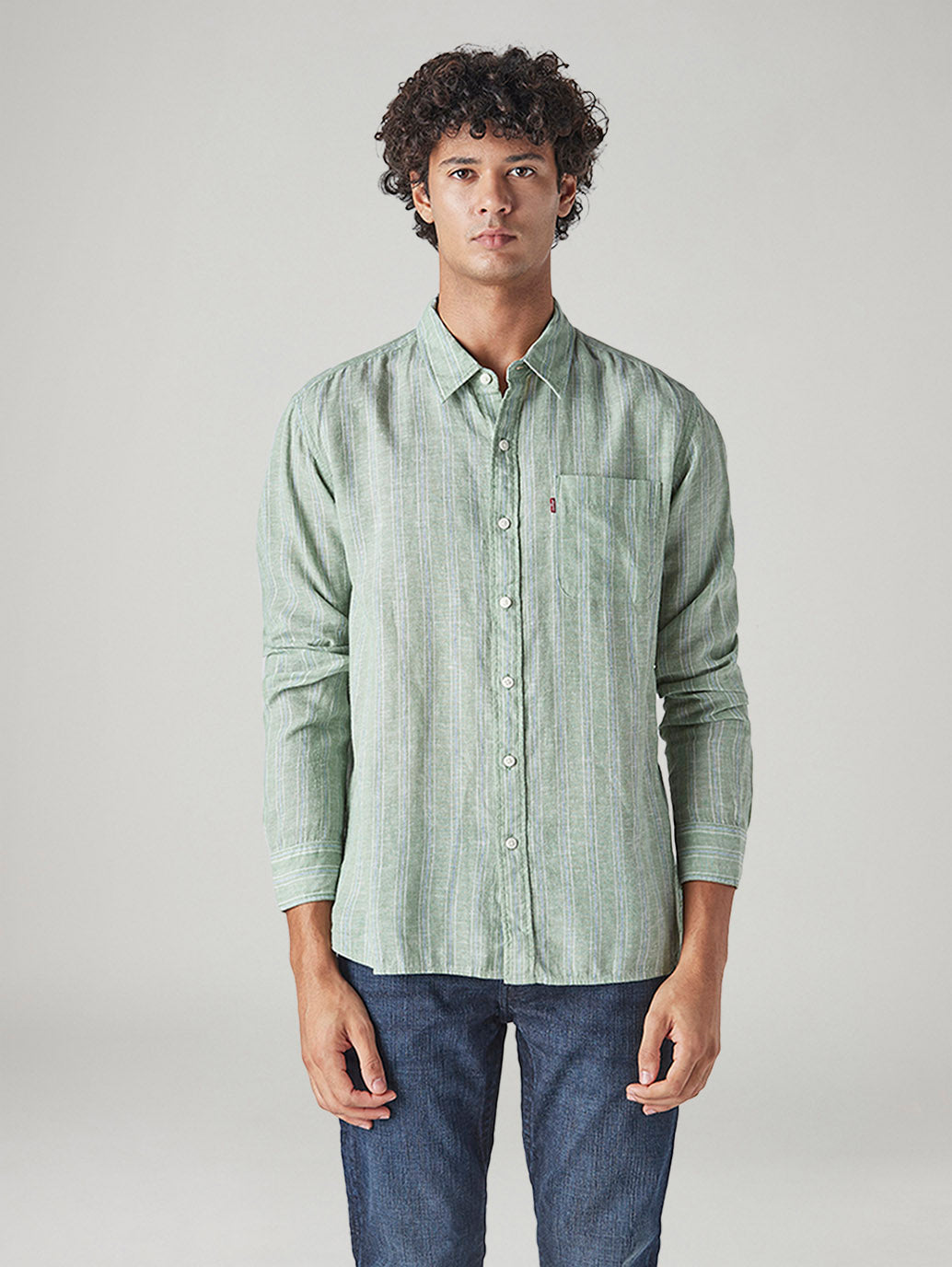 Men's Striped Slim Fit Linen Shirt - Front View