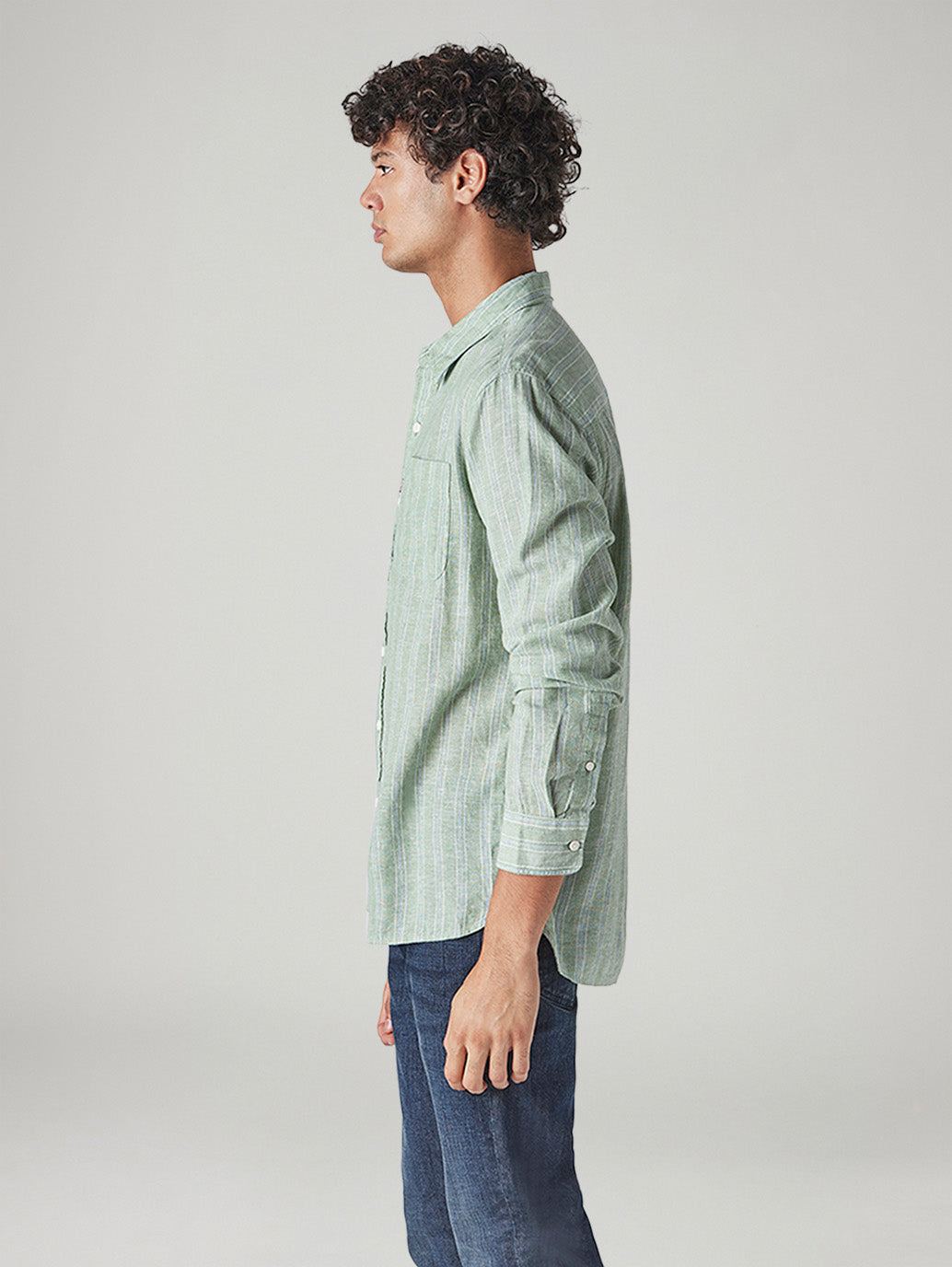 Men's Striped Slim Fit Linen Shirt - Side View