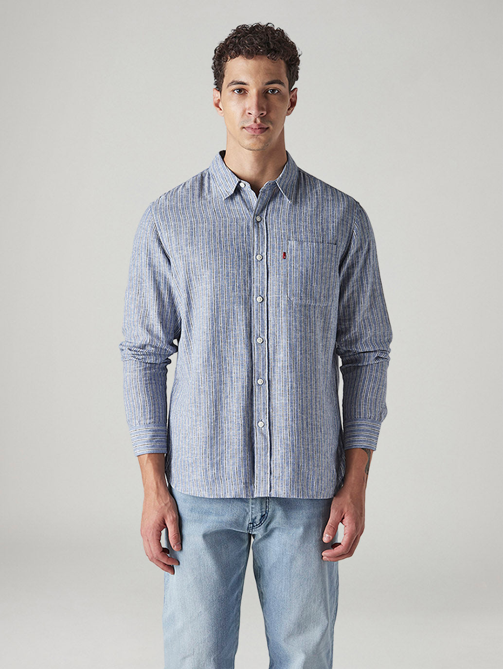 Men's Striped Slim Fit Linen Shirt - Front View