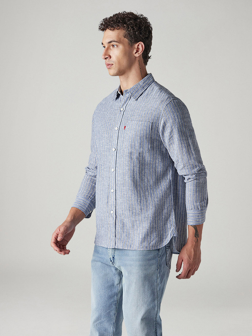 Men's Striped Slim Fit Linen Shirt - Side View