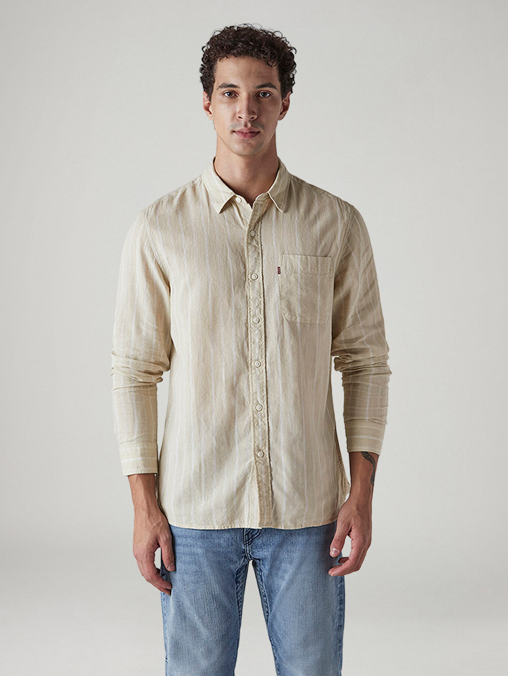 Men's Striped Slim Fit Linen Shirt - Front View