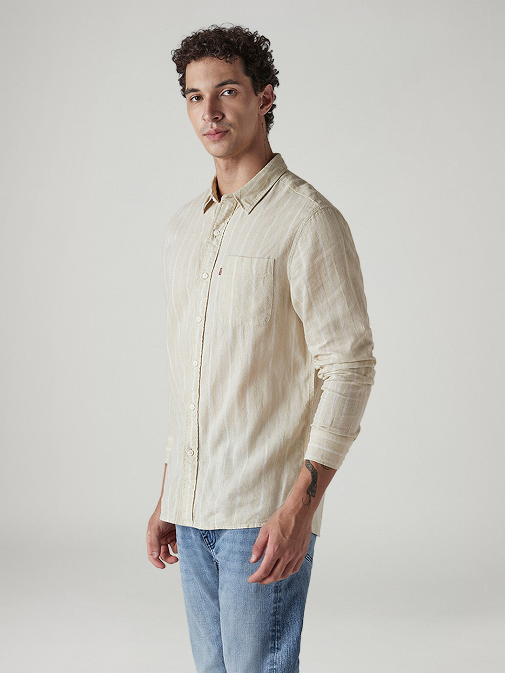 Men's Striped Slim Fit Linen Shirt - Side View