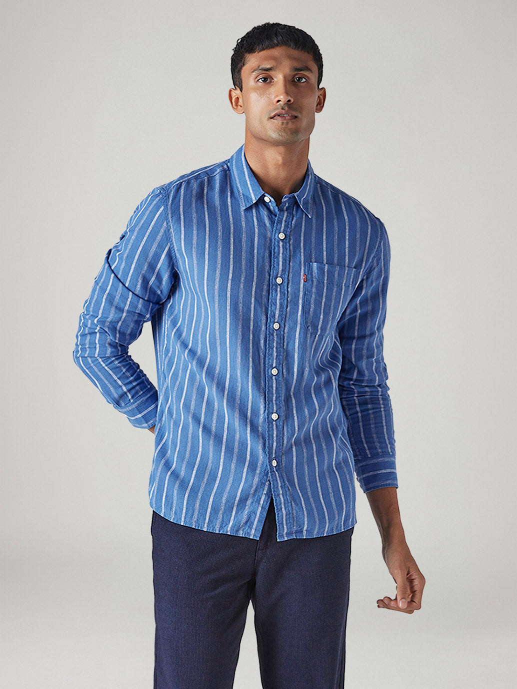 Men's Striped Slim Fit Linen Shirt - Styleshot View