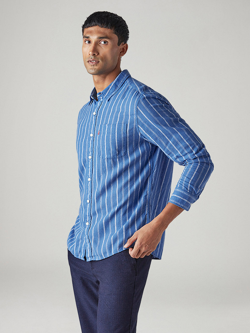 Men's Striped Slim Fit Linen Shirt - Side View