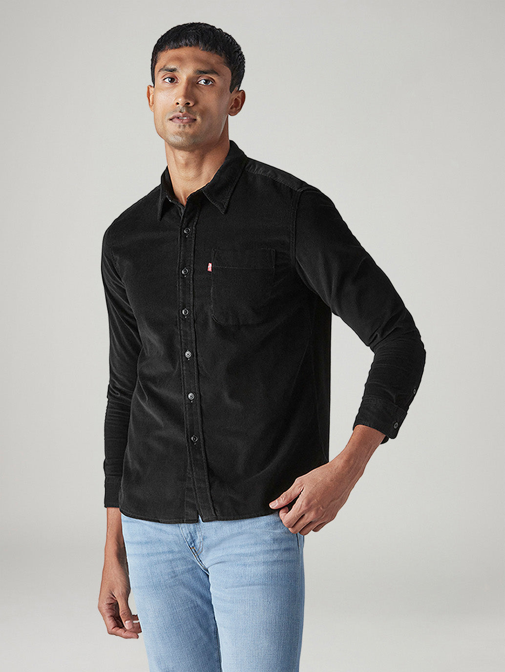 Men's Solid Slim Fit Corduroy Shirt - Front View