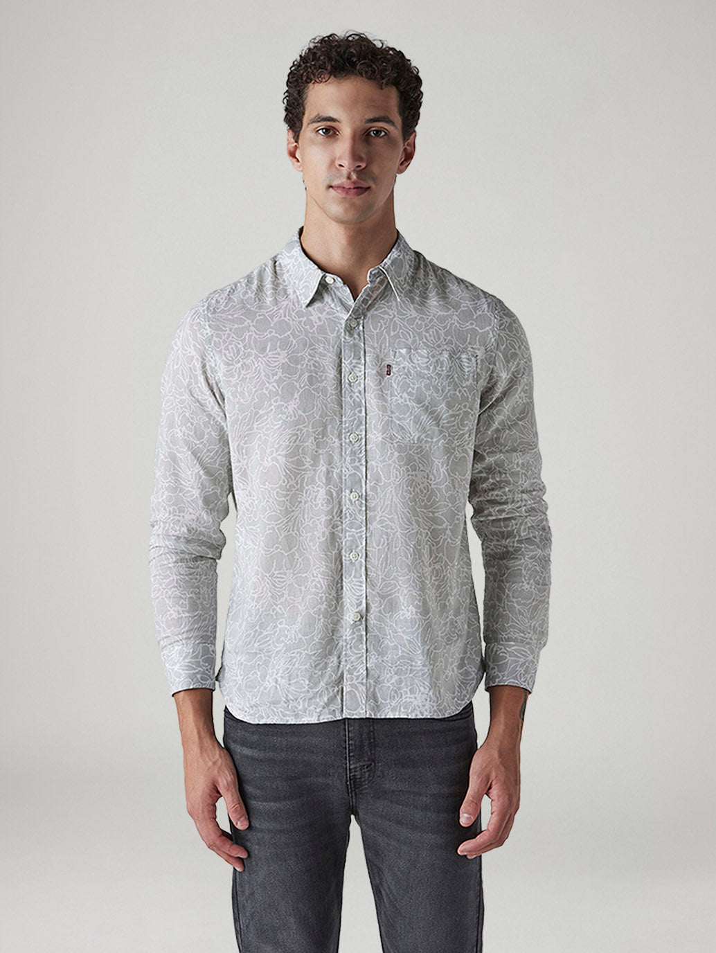 Men's Floral Slim Fit Linen Shirt - Front View