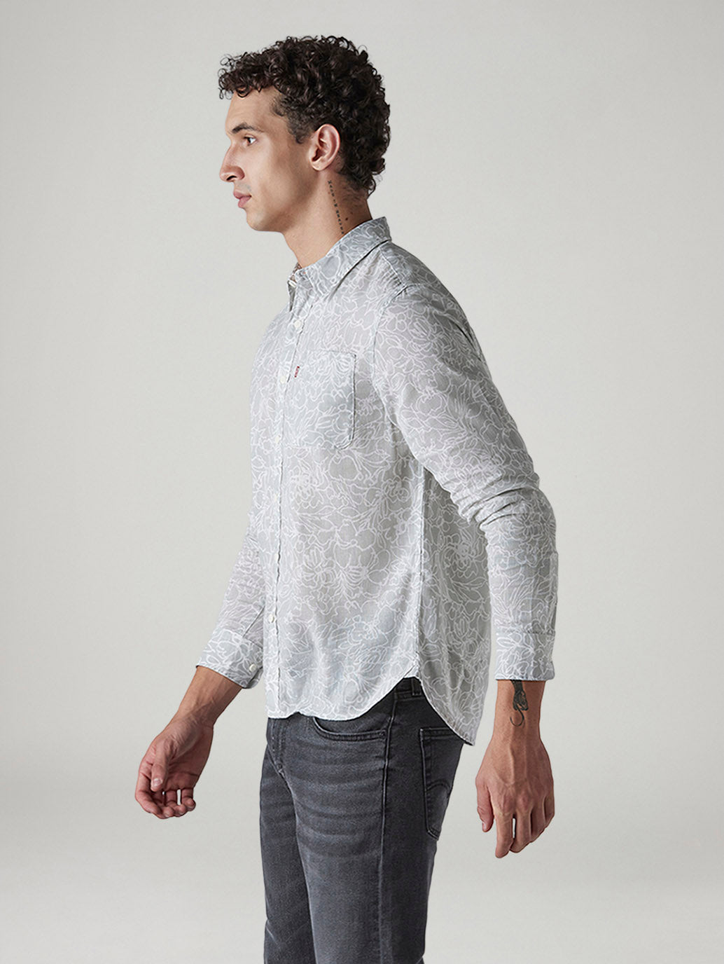 Men's Floral Slim Fit Linen Shirt - Side View