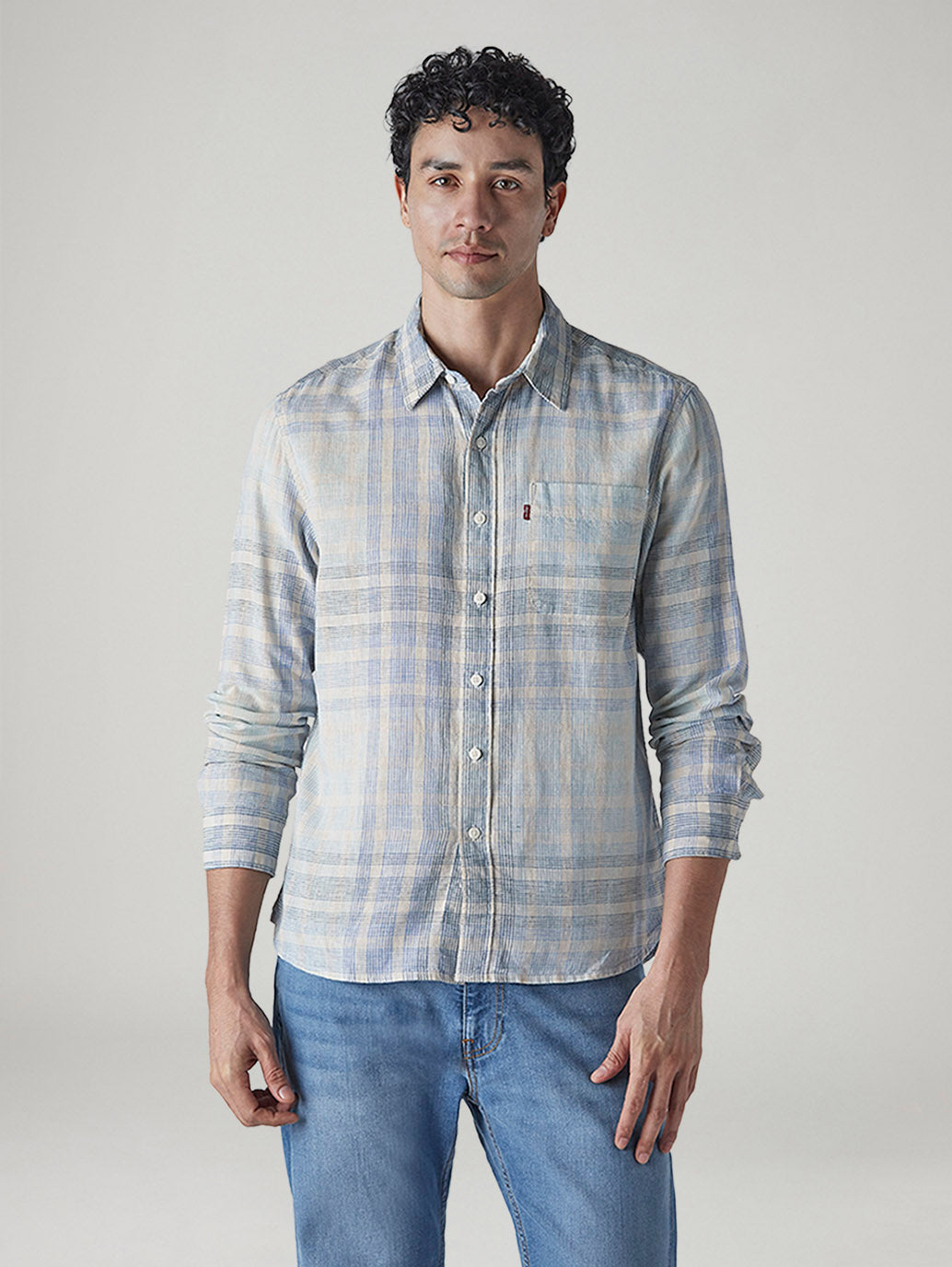 Men's Checkered Slim Fit Linen Shirt - Front View