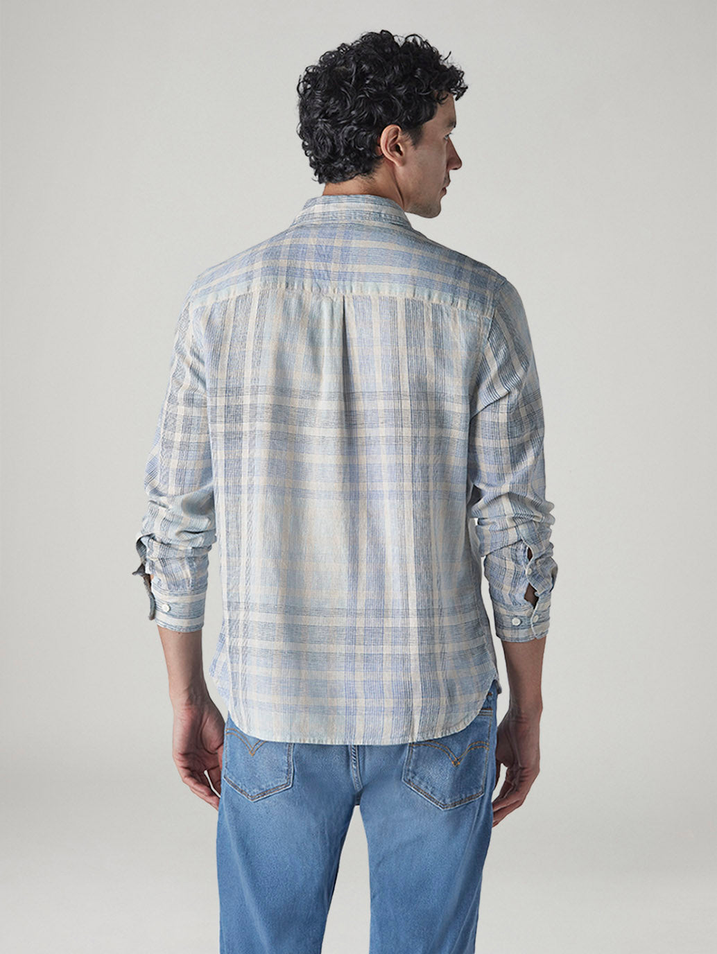 Men's Checkered Slim Fit Linen Shirt - Back View