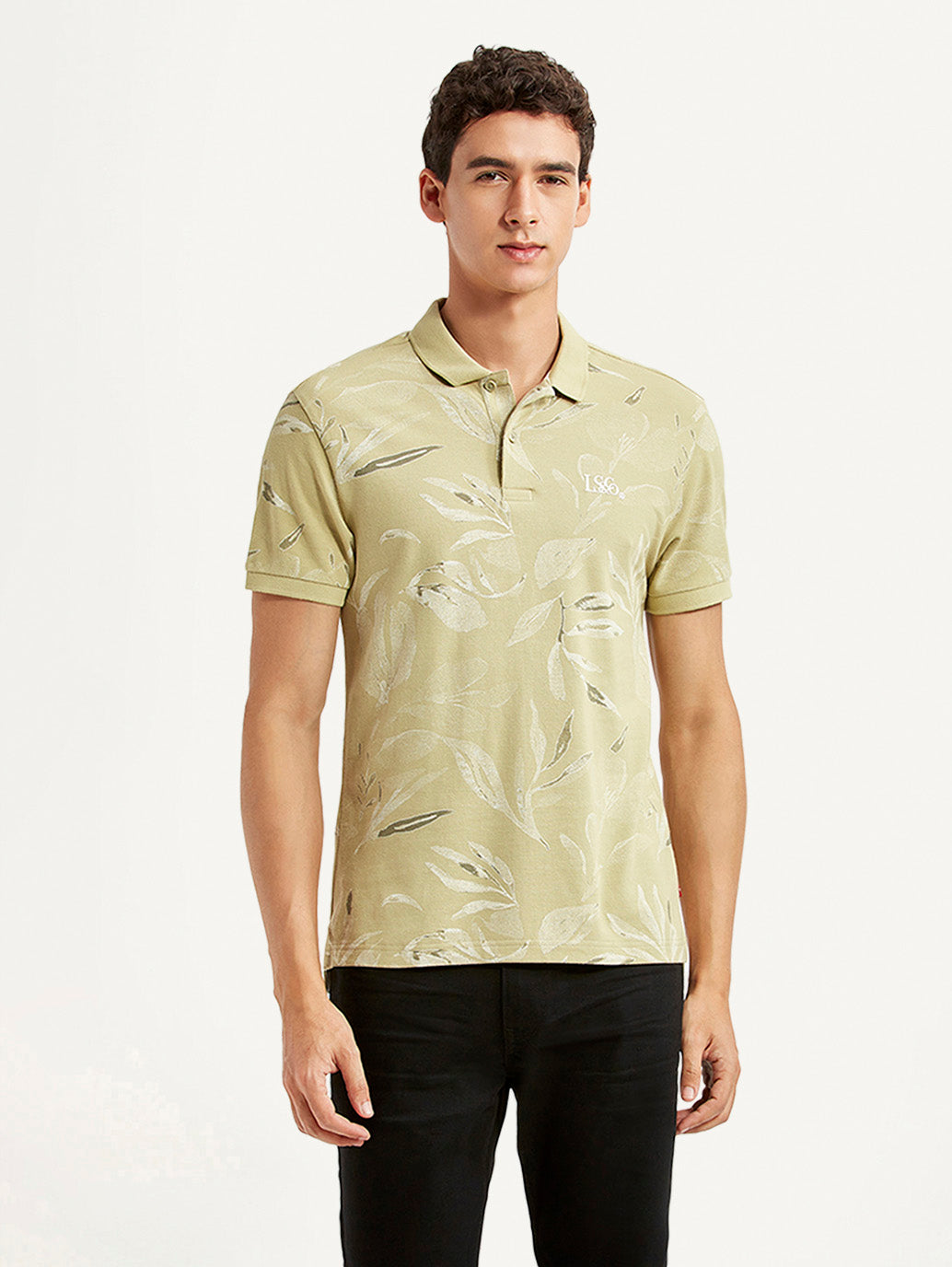 Men's All Over Print Beige Slim Fit Polo T-shirt - Front View