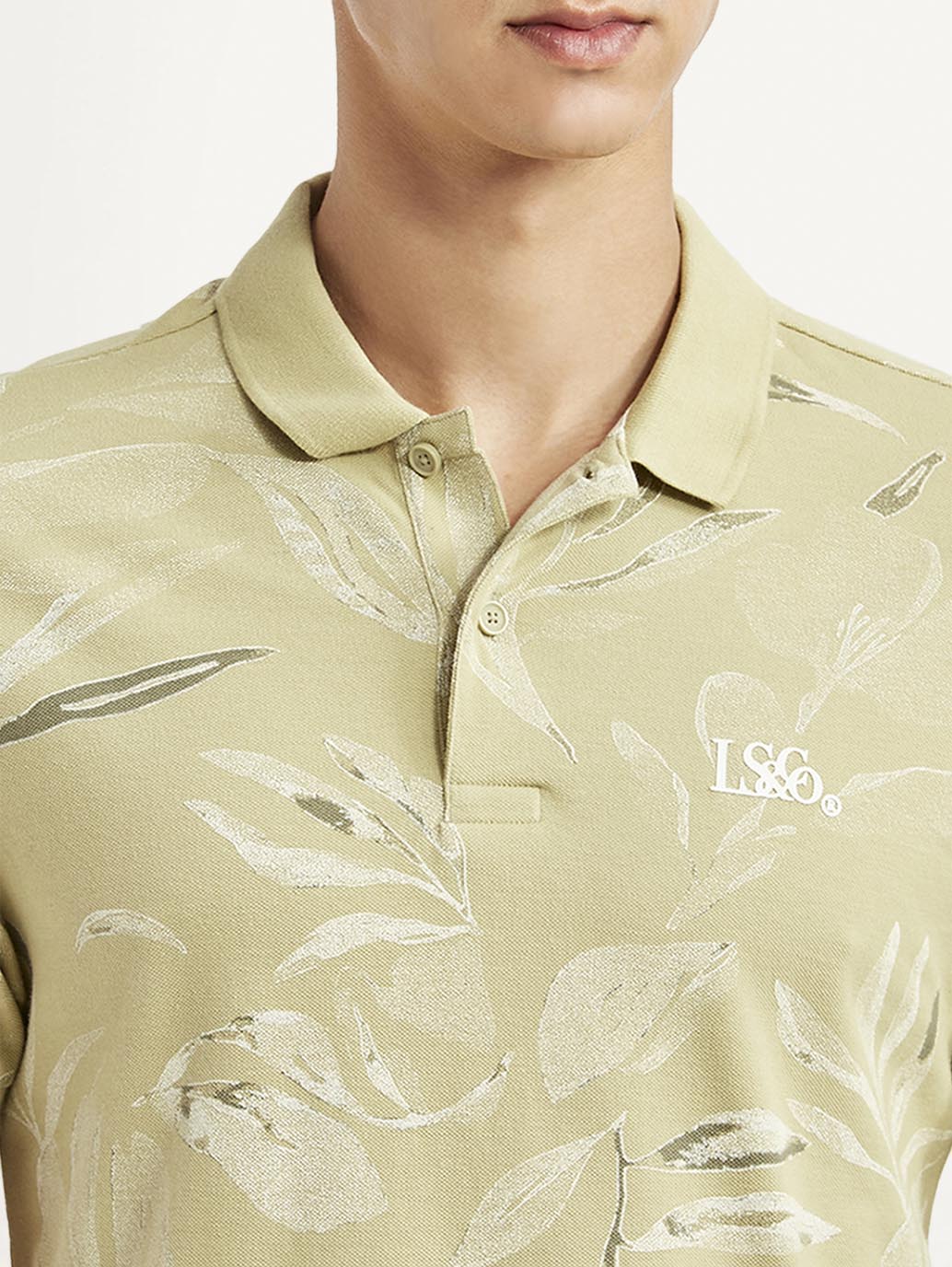 Men's All Over Print Beige Slim Fit Polo T-shirt - Detail View