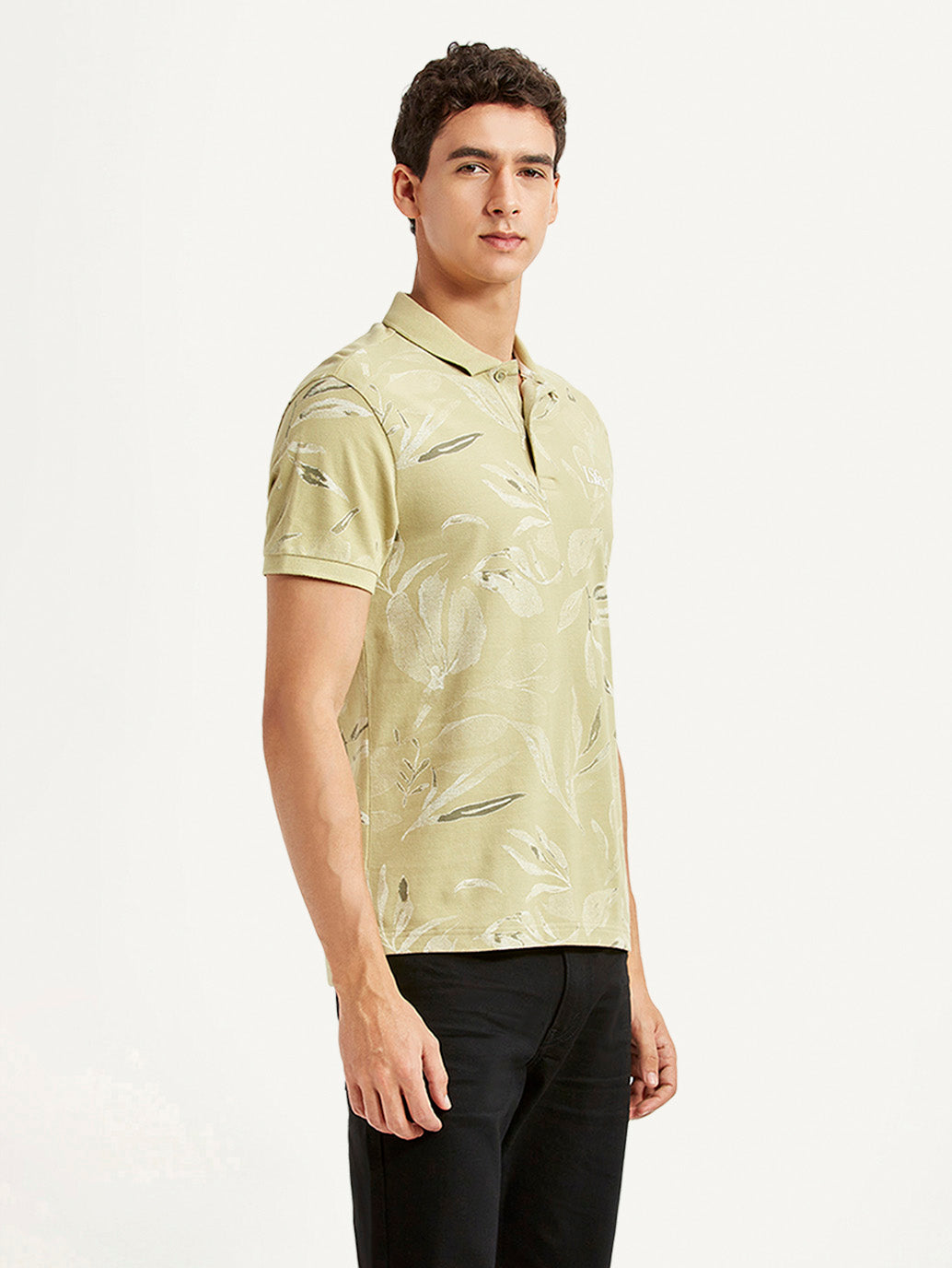 Men's All Over Print Beige Slim Fit Polo T-shirt - Side View
