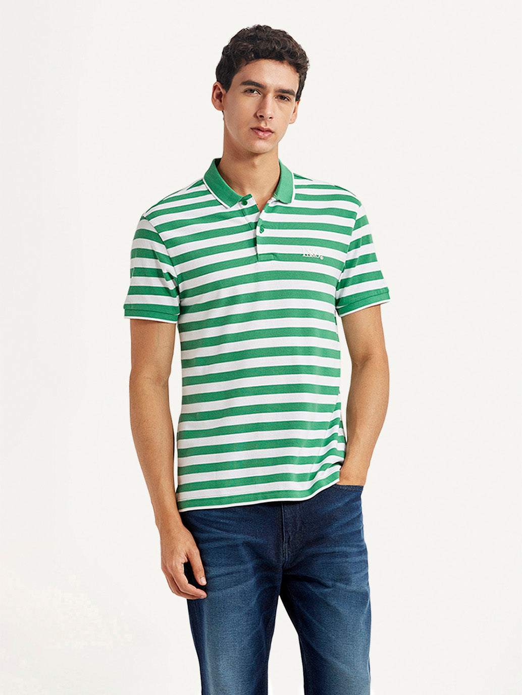 Men's Striped Green Slim Fit Polo T-shirt - Front View