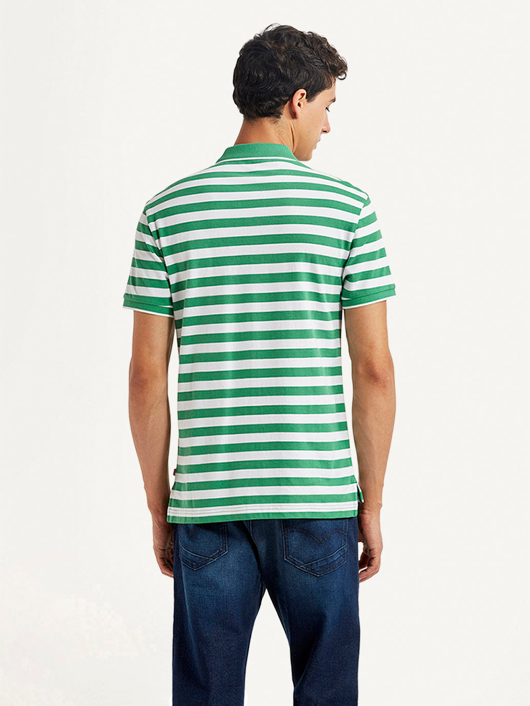 Men's Striped Green Slim Fit Polo T-shirt - Back View