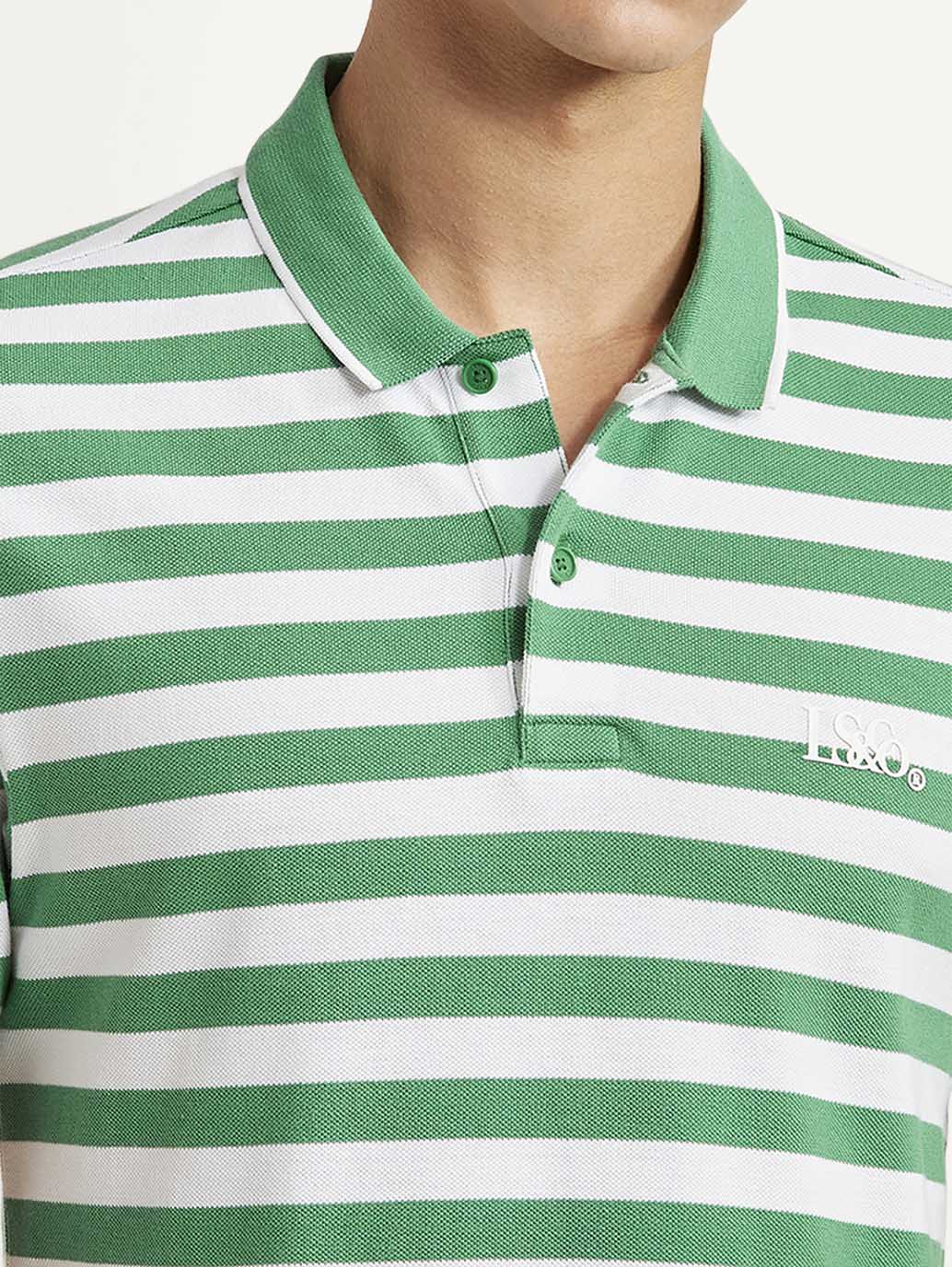 Men's Striped Green Slim Fit Polo T-shirt - Detail View