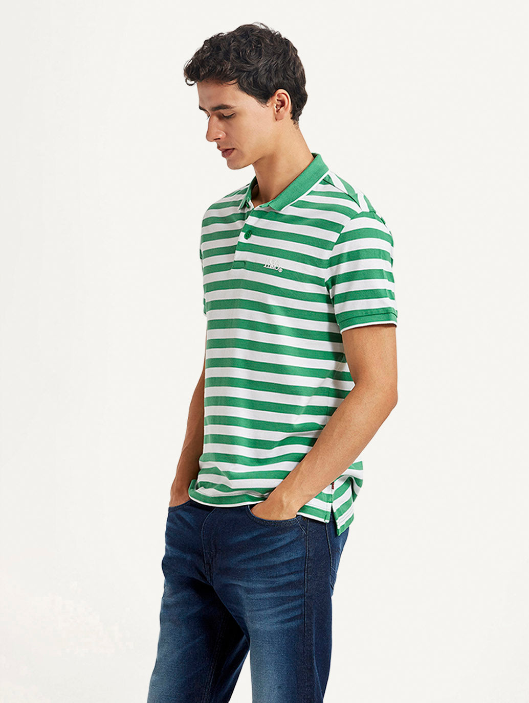 Men's Striped Green Slim Fit Polo T-shirt - Side View