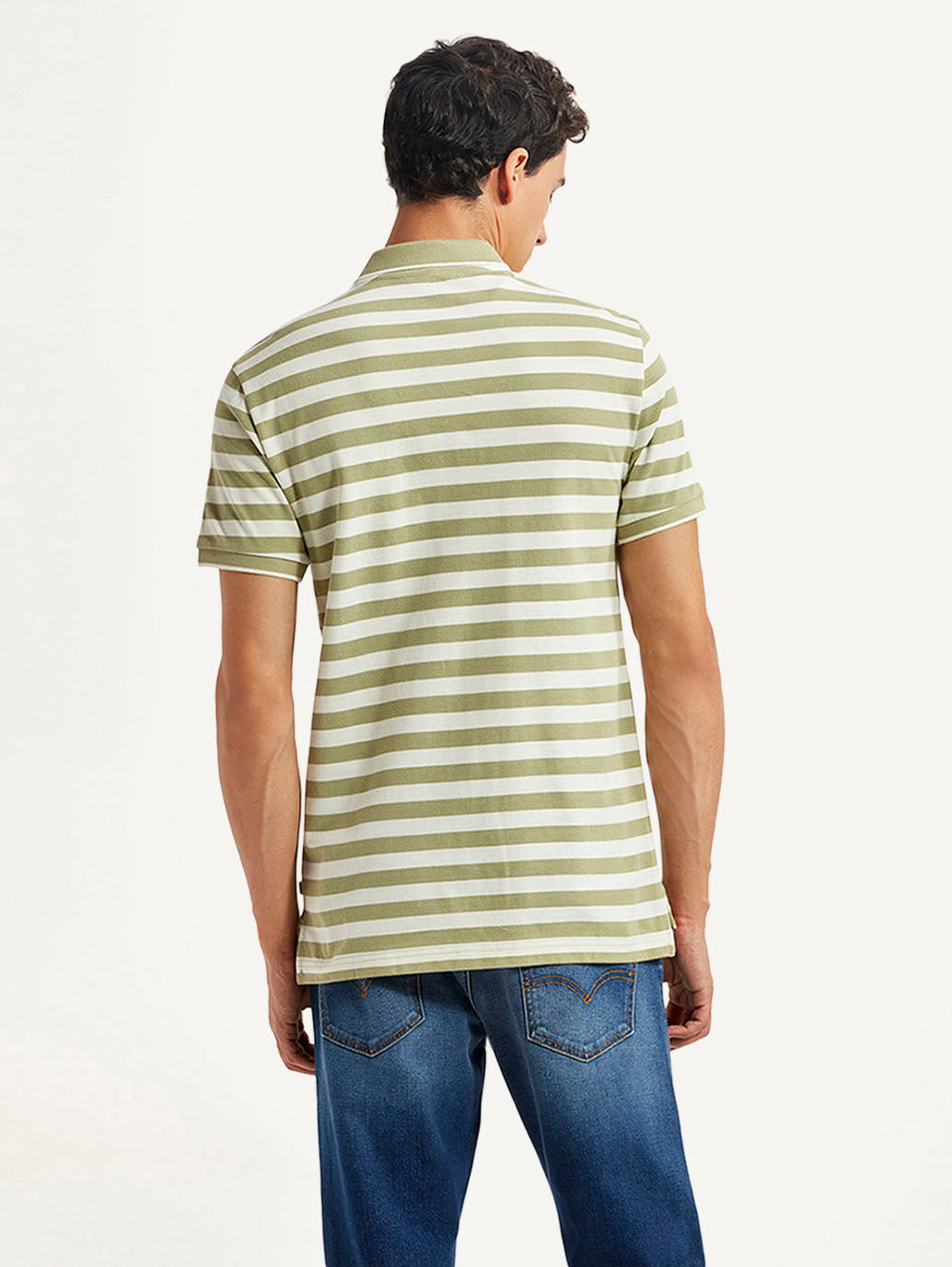 Men's Striped Olive Slim Fit Polo T-shirt - Back View