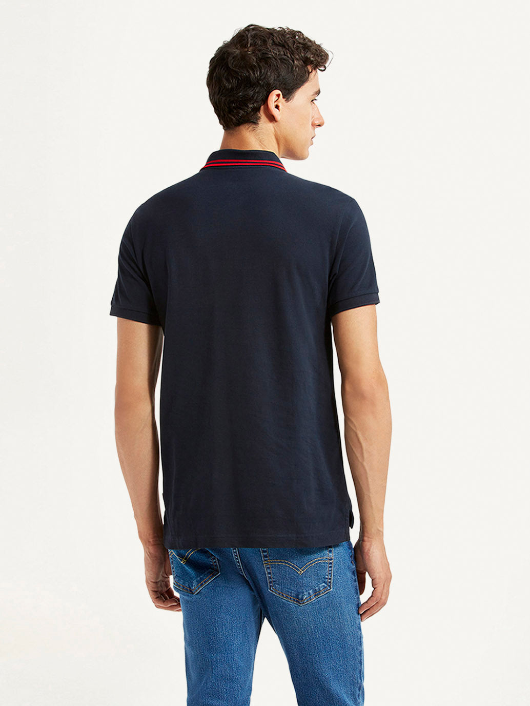 Men's Solid Navy Slim Fit Polo T-shirt - Back View