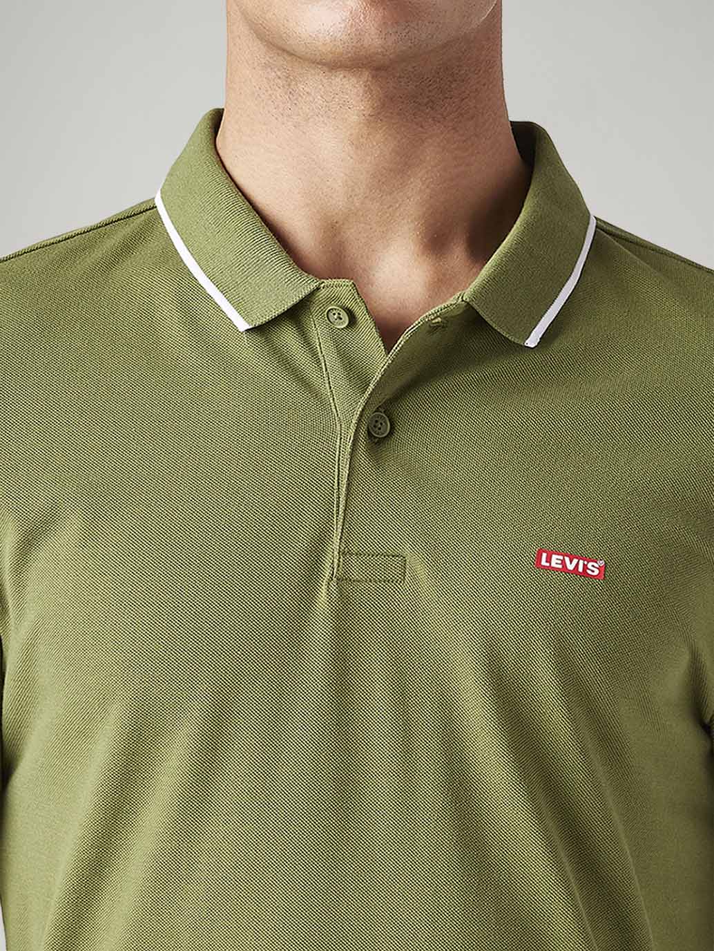 Men's Solid Olive Slim Fit Polo T-shirt - Detail View