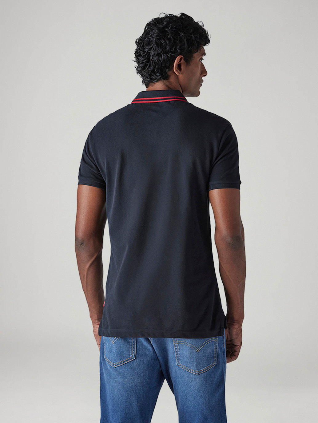 Men's Solid Black Slim Fit Pique Polo T-shirt - Back View