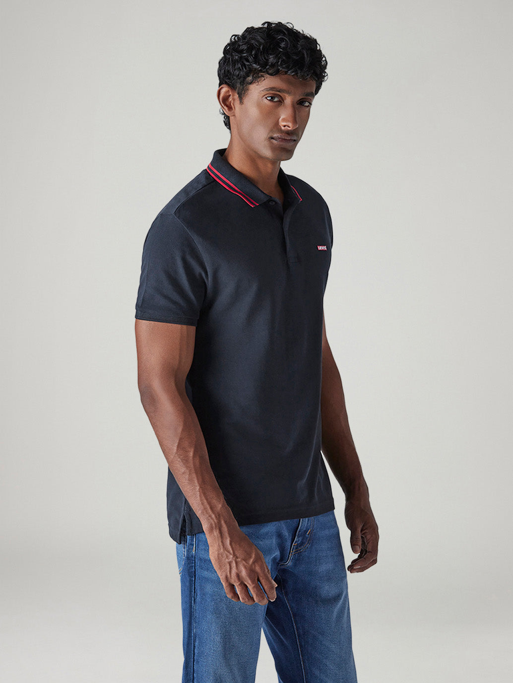 Men's Solid Black Slim Fit Pique Polo T-shirt - Side View