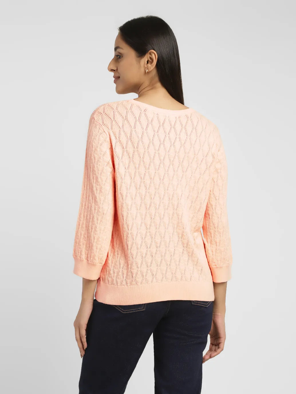 Women's Self Design Peach Crew Neck Sweater