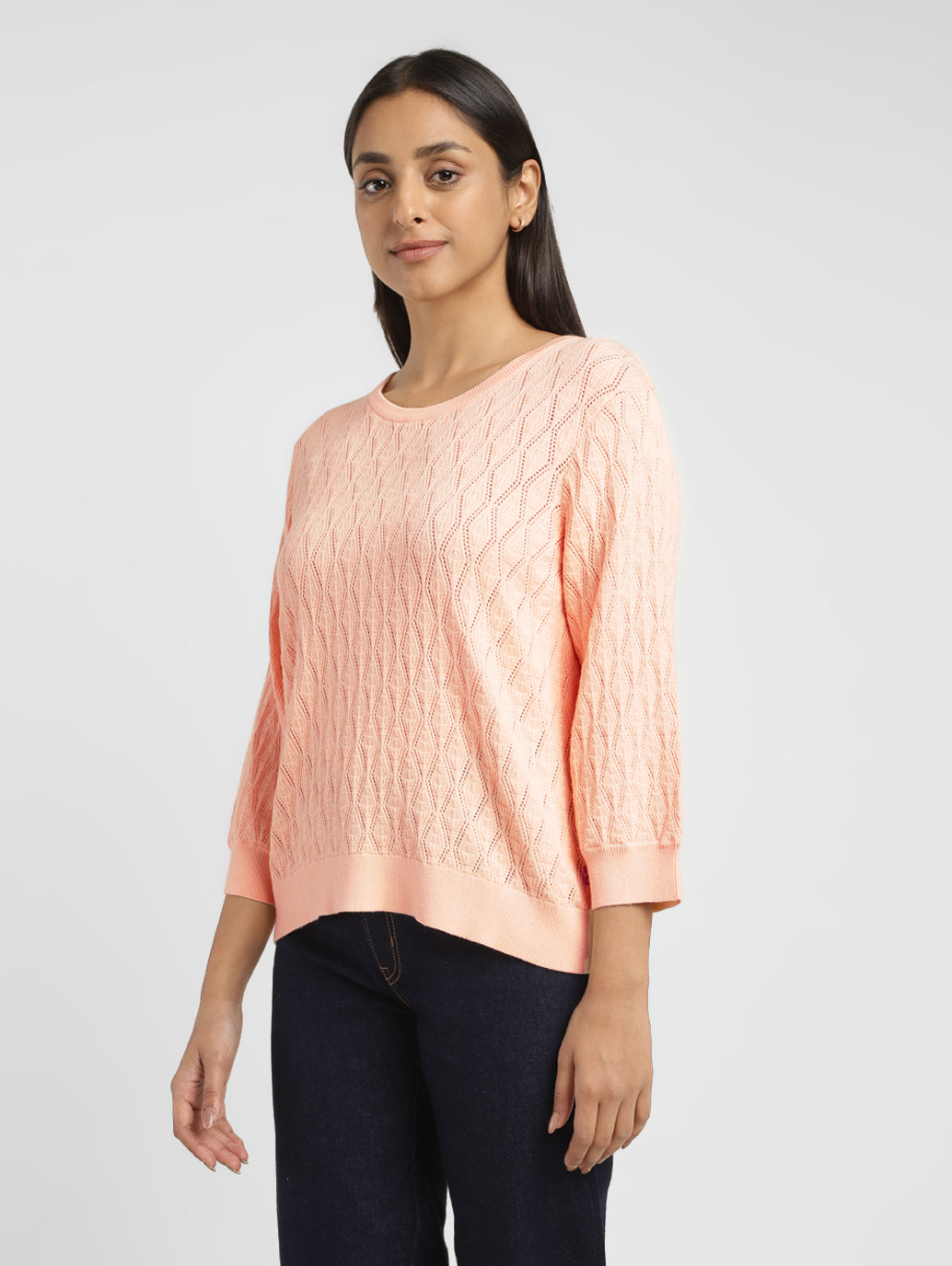 Women's Self Design Peach Crew Neck Sweater