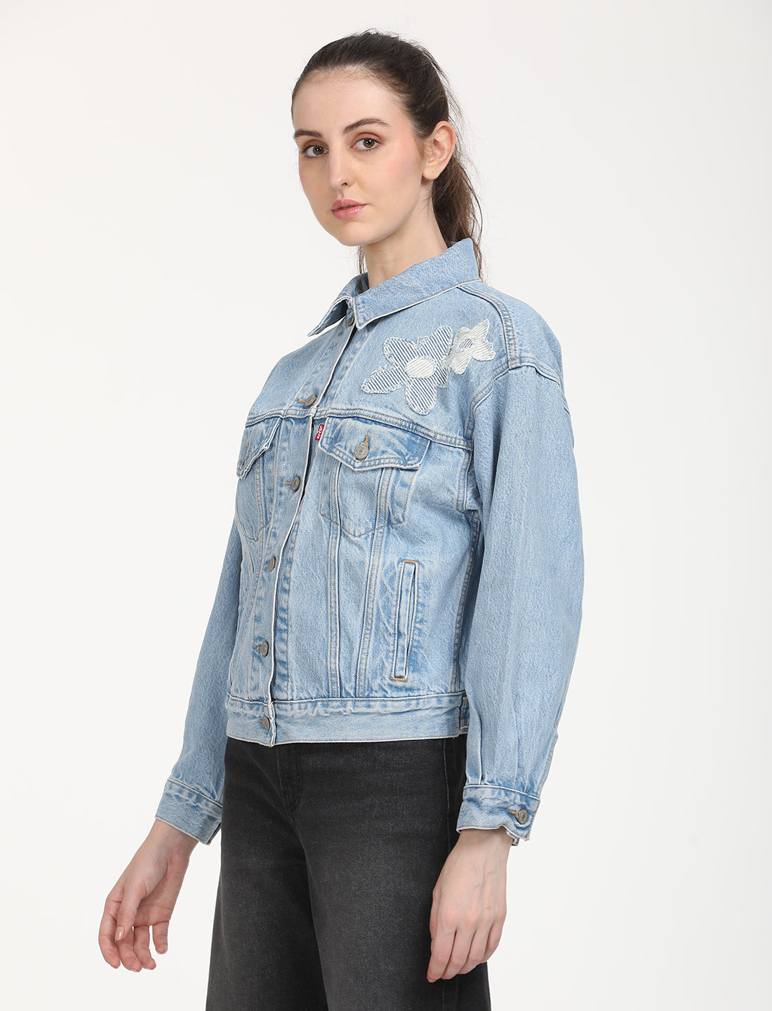 Women's Floral Print Blue Spread Collar Denim Trucker Jacket