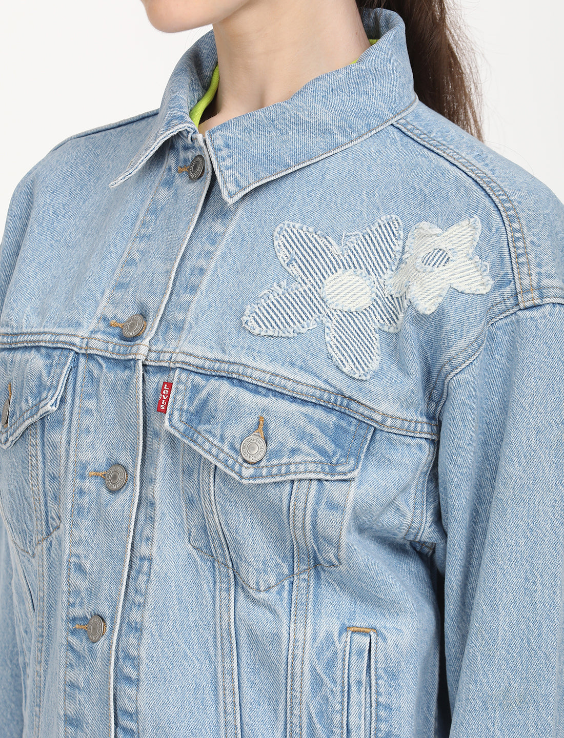 Women's Floral Print Blue Spread Collar Denim Trucker Jacket
