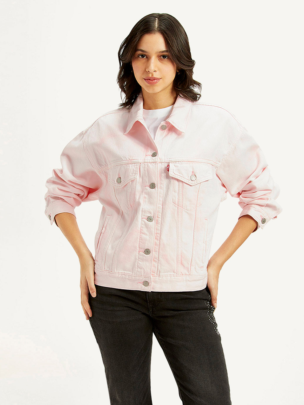 Women's Solid Pink Spread Collar Denim Trucker Jacket - Front View
