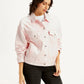 Women's Solid Pink Spread Collar Denim Trucker Jacket - Side View