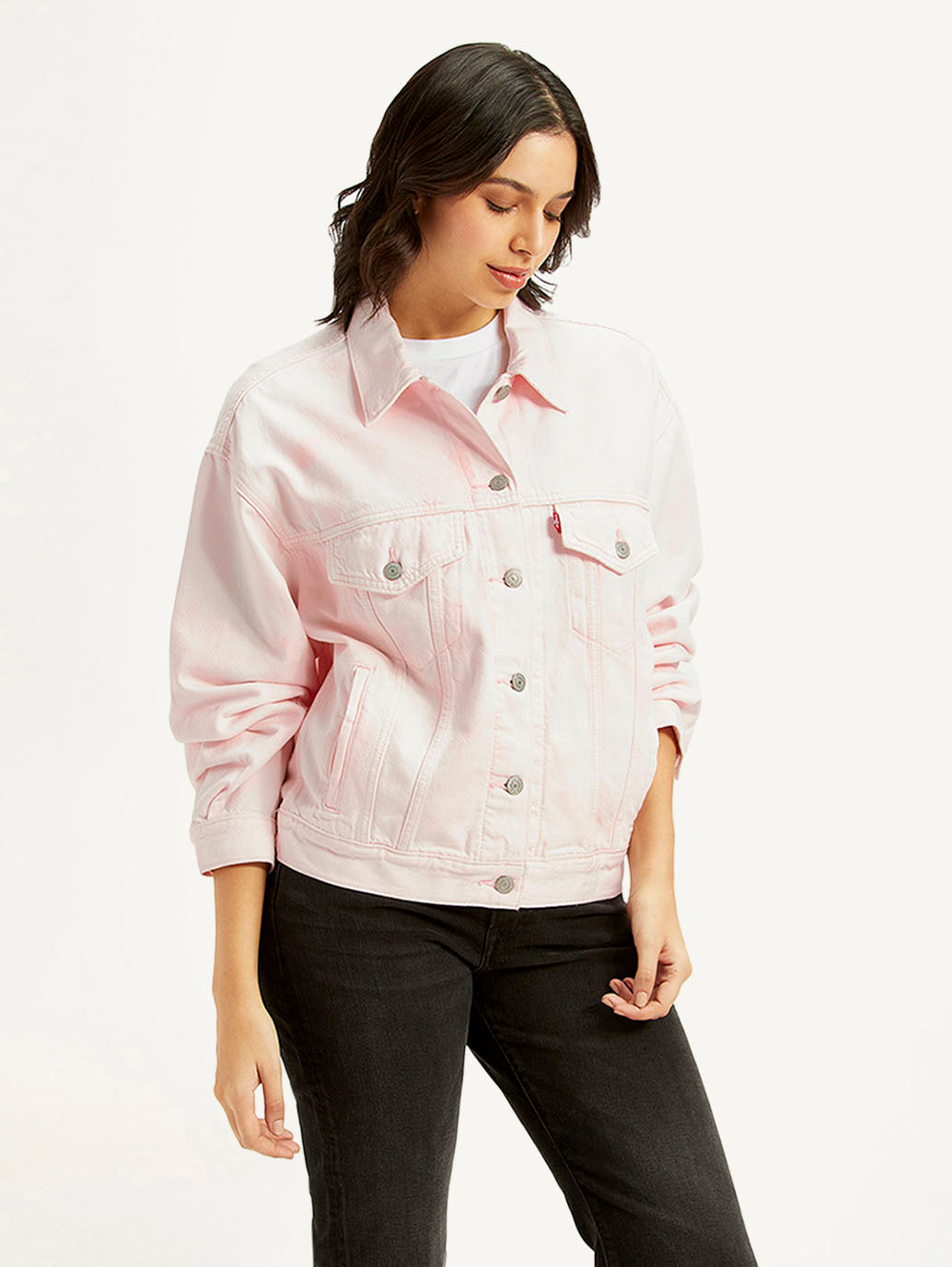 Women's Solid Pink Spread Collar Denim Trucker Jacket - Side View