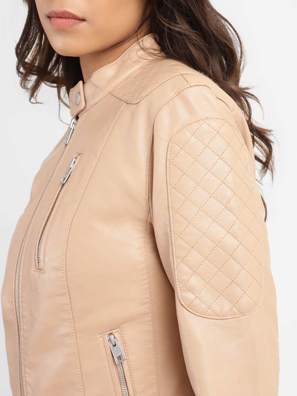 Women's Solid Band Neck Leather Jacket