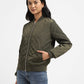 Women's Solid Green Collar Neck Bomber Jacket - 366ec946-83f1-48b1-9d2b-d754f3feefc7 View