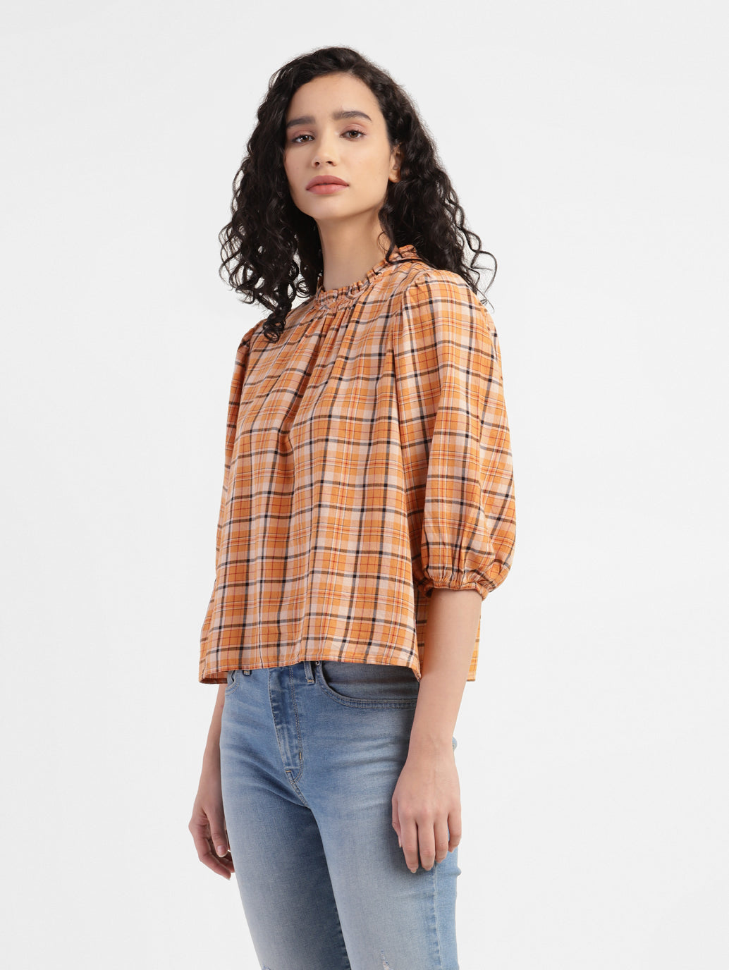 Women's Checkered Band Neck Top